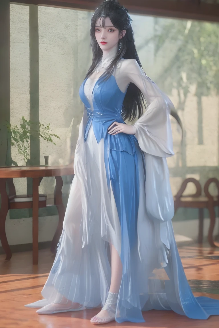 best quality, tmasterpiece,Ultra-high resolution,Clear face,(Reality:1.4),ferpect lighting,(upper body photo), (photorealistic:1.50), anime wallpaper, Guviz style artwork, cover-up fantasy up to magic , by Yang J, Guviz, beautiful artwork illustration, beautiful digital artwork, beautiful digital illustration, Li Song, beautiful anime portrait, art style in Beauvot, A beautiful young woman, Long hair, Wearing pajamas, standing, barefoot, Wearing a dress, Full body shot, Soft eyes, Soft lips, Highly detailed face and eyes, Long eyelashes, Natural light, Warm colors, Soft focus, Portrait, clair obscur, Interior view, looking at viwer,
