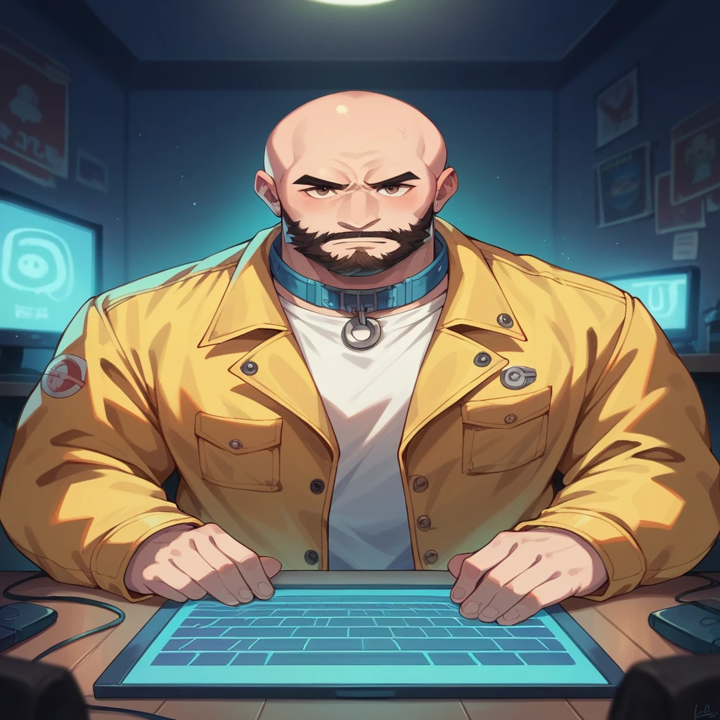 A bald guy with a short, stylish beard, athletic body, wearing yellow jacket with blue neon, in his bedroom, using a computer to hack, sci fi environment, night-time, POV view
