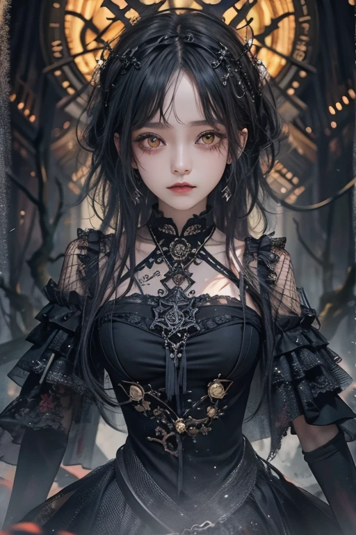 Highest quality、8K、masterpiece:1.3、Gothic Punk、The inside is red、Black-haired、hair ornaments、Beautiful girl、creative、Dark Fantasy Style、Neogoth、Goth Fashion:1.2、Yellow Eyes、I can see the fangs、Castle at night