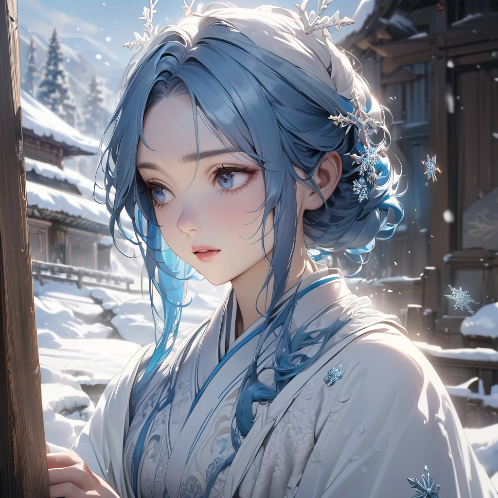 Beautiful and delicate blue eyes, Beautiful long blue hair, One girl, White Hanfu, snow, winter, snowflakes, Detailed digital painting, Intricate details, Very detailed, 8K, Super detailed, masterpiece, Realistic, Natural light, Cinematic, elegant, Calm, calm down, ether, Whimsical