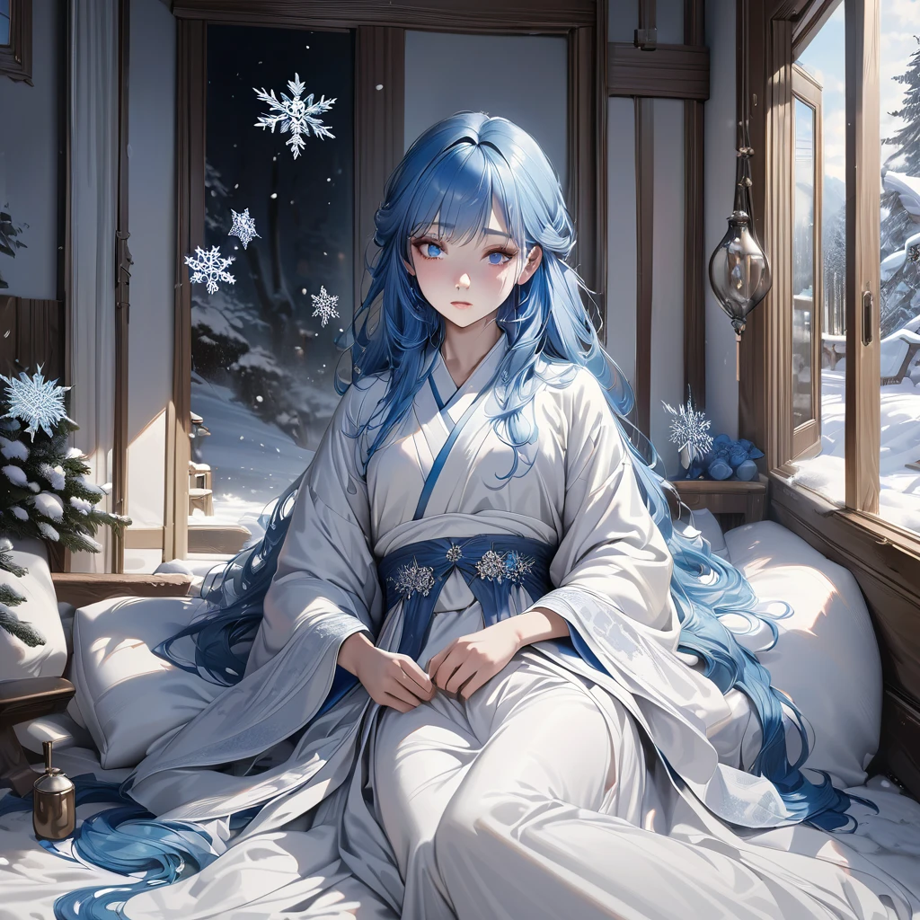 Beautiful and delicate blue eyes, Beautiful long blue hair, One girl, White Hanfu, snow, winter, snowflakes, Detailed digital painting, Intricate details, Very detailed, 8K, Super detailed, masterpiece, Realistic, Natural light, Cinematic, elegant, Calm, calm down, ether, Whimsical