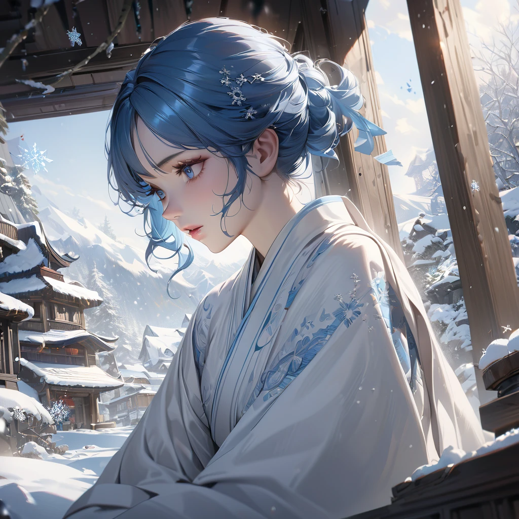 Beautiful and delicate blue eyes, Beautiful long blue hair, One girl, White Hanfu, snow, winter, snowflakes, Detailed digital painting, Intricate details, Very detailed, 8K, Super detailed, masterpiece, Realistic, Natural light, Cinematic, elegant, Calm, calm down, ether, Whimsical
