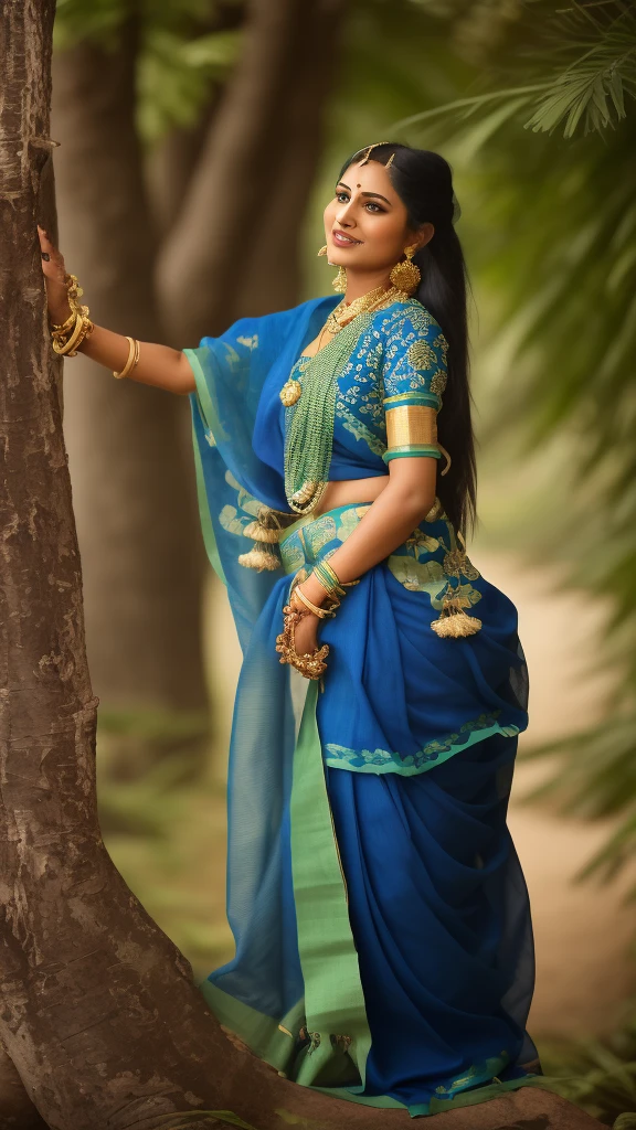 arafed woman in a blue and green sari leaning against a tree, wearing an elegant tribal outfit, blue colored traditional wear, traditional beauty, traditional dress, traditional clothes, traditional clothing, traditional costume, indian style, wearing rajputi dress mekhela sador, wearing traditional garb, traditional photography, idian dress, assamese aesthetic, traditional makeup, traditional