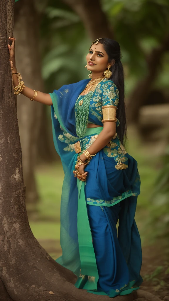 arafed woman in a blue and green sari leaning against a tree, wearing an elegant tribal outfit, blue colored traditional wear, traditional beauty, traditional dress, traditional clothes, traditional clothing, traditional costume, indian style, wearing rajputi dress mekhela sador, wearing traditional garb, traditional photography, idian dress, assamese aesthetic, traditional makeup, traditional