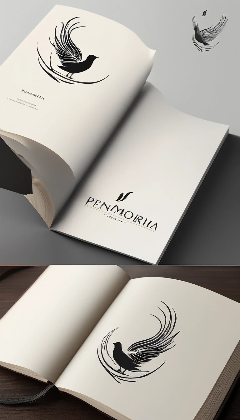 A minimal, modern, simple, cinematic logotype for the brand “Penamemoria". The logotype must be a simple, magical feather and a boy playing acoustic guitar. The logo must convey a sense of music, stories and dreams. Logo design impressed on a book cover. Minimalistic logo