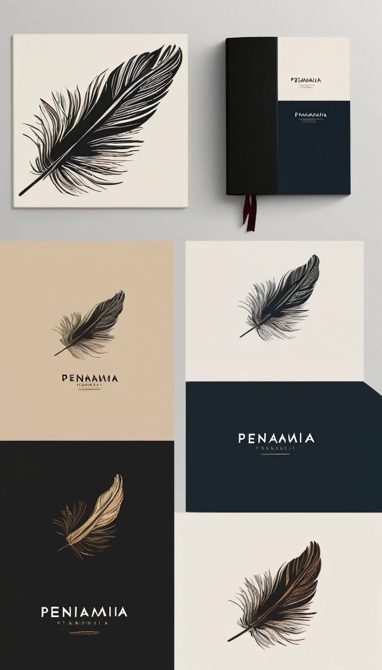 A minimal, modern, simple, cinematic logotype for the brand “Penamemoria". The logotype must be a simple, magical feather and a boy playing acoustic guitar. The logo must convey a sense of music, stories and dreams. Logo design impressed on a book cover. Minimalistic logo