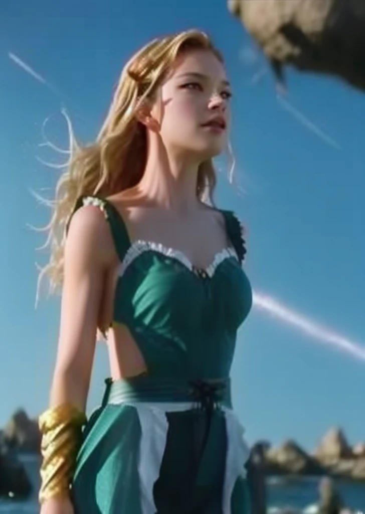 Movie scene, close-up shot of Woman dressed as Aquaman from DC, distorted space, distorted undead in the background, lens flares, light shafts, intricate details, highly detailed, volumetric lighting, 4k rendering, stock photo, hyper-realistic, realistic textures, dramatic lighting, Unreal Engine