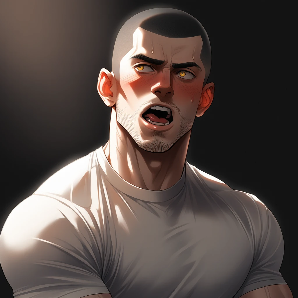 1muscular sportsman, Athlete, male focus, Buzz Cut, Mike White tight T-shirt, One, Very tight, muscular male, muscular, only, Upper body, alone, look to the side, short hair, stubble, sweat, black hair, Yellow eyes, open lips, White background, simple background, amazing quality, best aesthetics, Ridiculous, crew cut, moaning, blush, saliva trail, chiaroscuro, cinematic lighting, best quality, textured skin