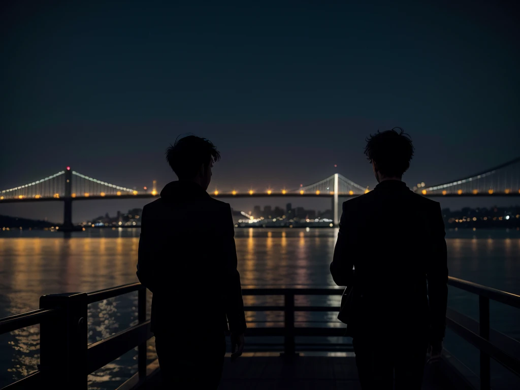 silhouette of man walking on a bridge with his back turned, at night and with the city in the background, watching a girl walk in the distance