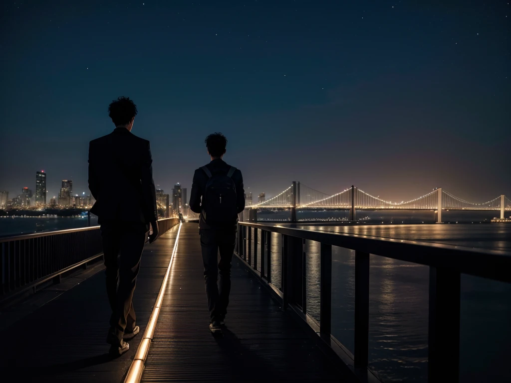 silhouette of man walking on a bridge with his back turned, at night and with the city in the background, watching a girl walk in the distance