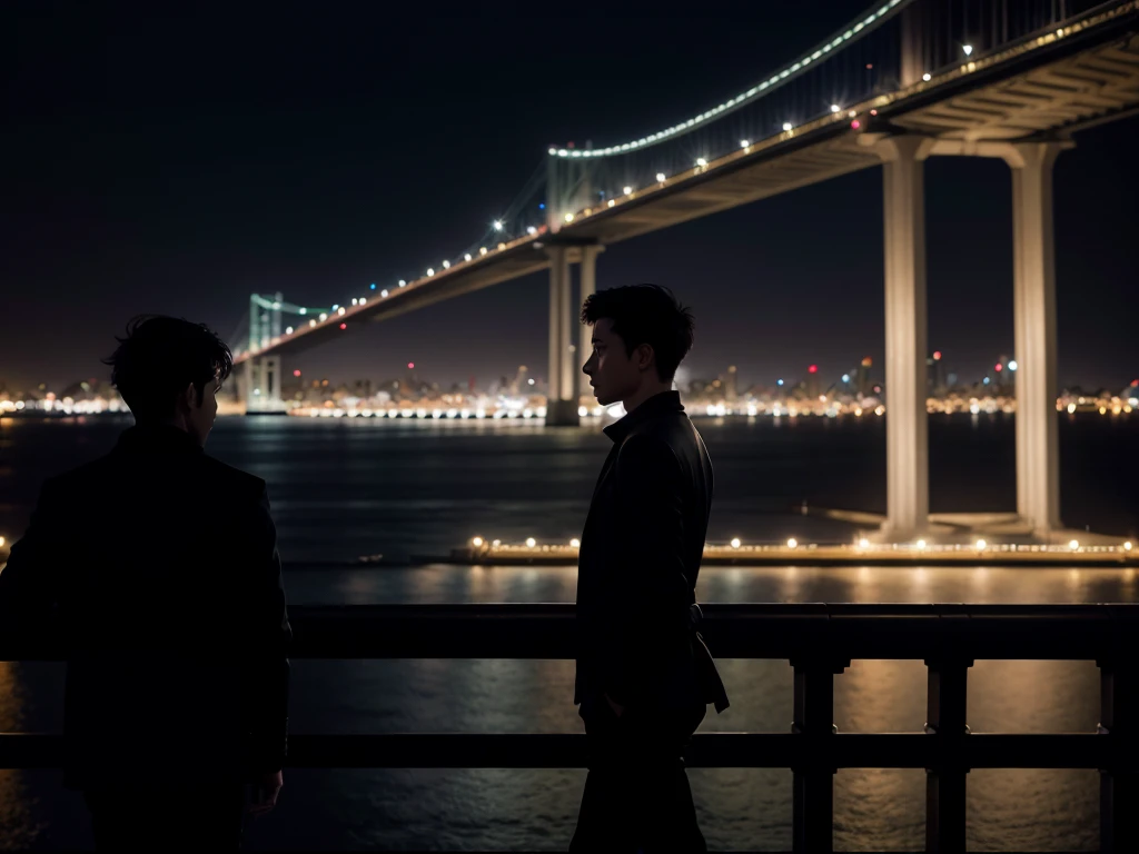 silhouette of man walking on a bridge with his back turned, at night and with the city in the background, watching a girl walk in the distance