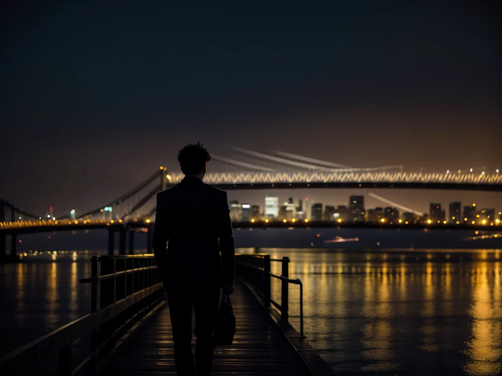 silhouette of man walking on a bridge with his back turned, at night and with the city in the background, watching a girl walk in the distance