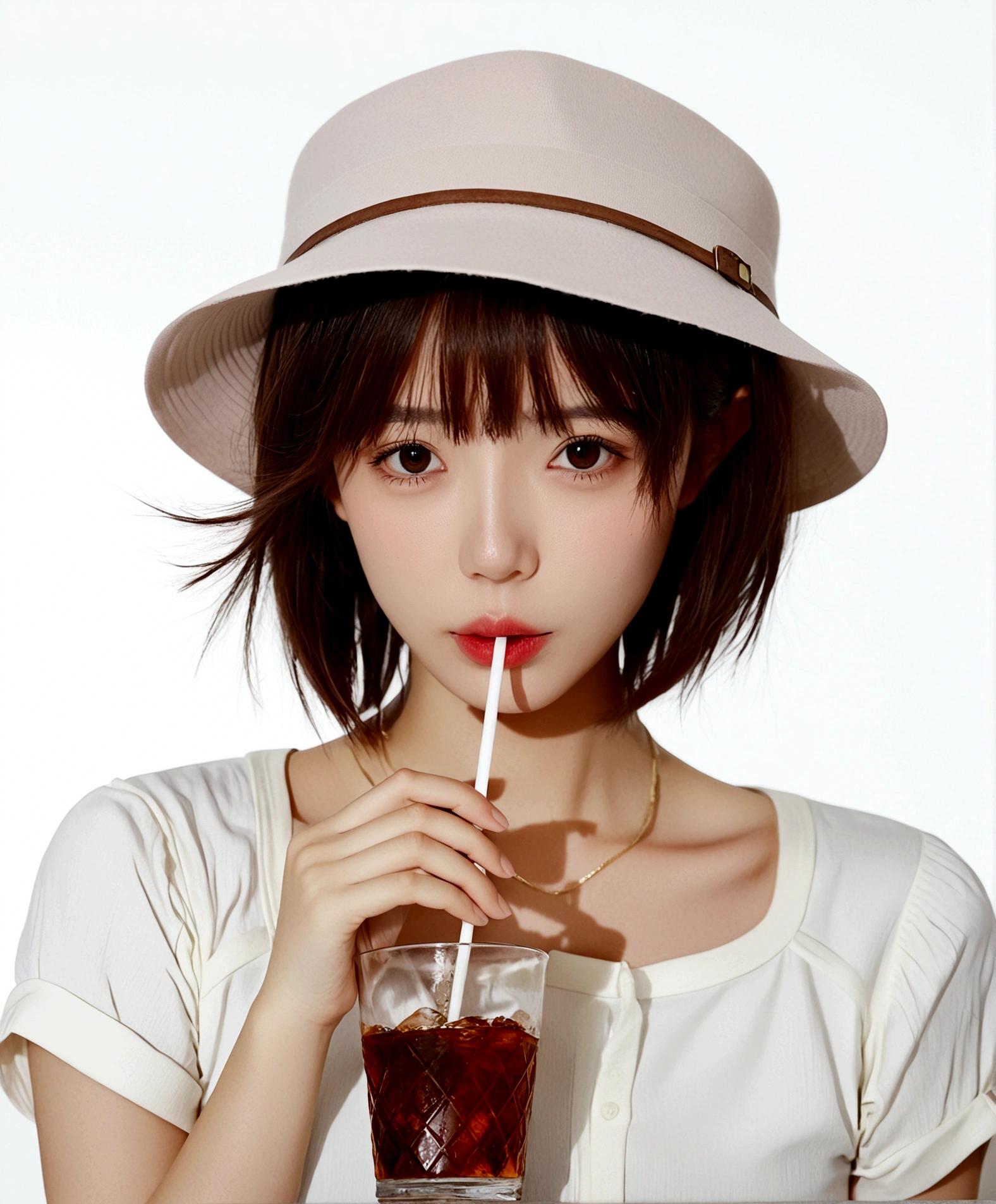 1girl, solo, looking at viewer, short hair, bangs, simple background, brown hair, shirt, hat, white background, holding, brown eyes, closed mouth, collarbone, white shirt, upper body, short sleeves, cup, frown, beret, white headwear, drinking glass, drinking straw, drink, glass, katou megumi