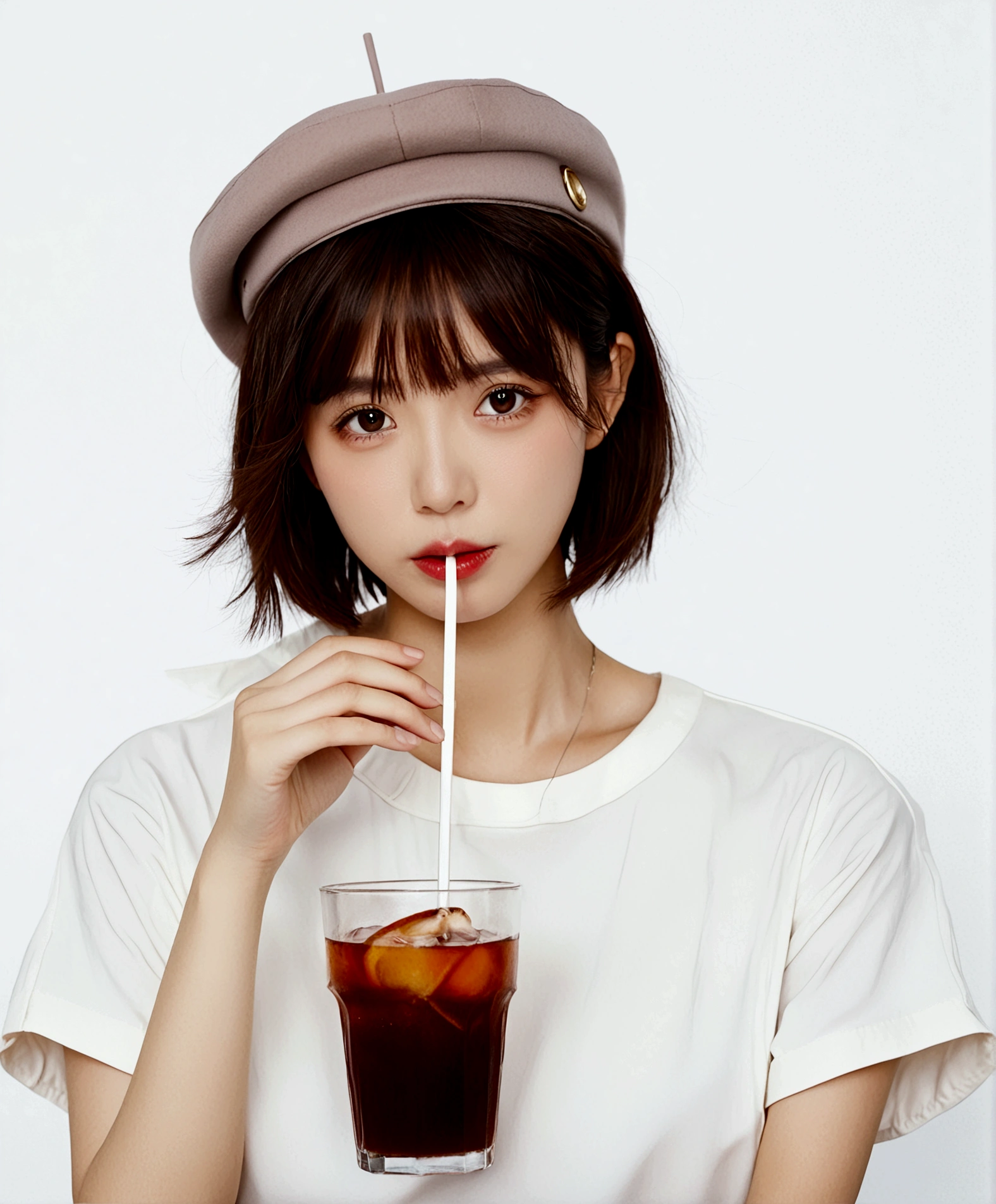 1girl, solo, looking at viewer, short hair, bangs, simple background, brown hair, shirt, hat, white background, holding, brown eyes, closed mouth, collarbone, white shirt, upper body, short sleeves, cup, frown, beret, white headwear, drinking glass, drinking straw, drink, glass, katou megumi