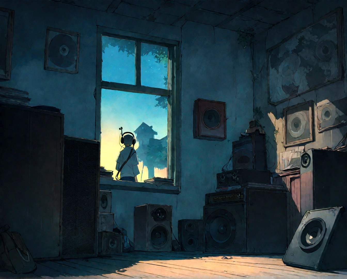 Boy wearing headphones and listening to music, Super detailed, evening, Sad mood, Bright light coming through the window, Night Scenery, , 2D, (Shot from a distance), Wide Shot, (Noise from the film), Old cartoons, (Many records: 1.3), Single room, (masterpiece, Very high quality, Very high quality, Official Art, beautifully、aesthetic: 1.2), (Very detailed, (Fractal Art: 1.4 ), guitar, (Note: 1.4), (Lo-fi hip hop), Side view, Old Anime Texture, alone, Speaker