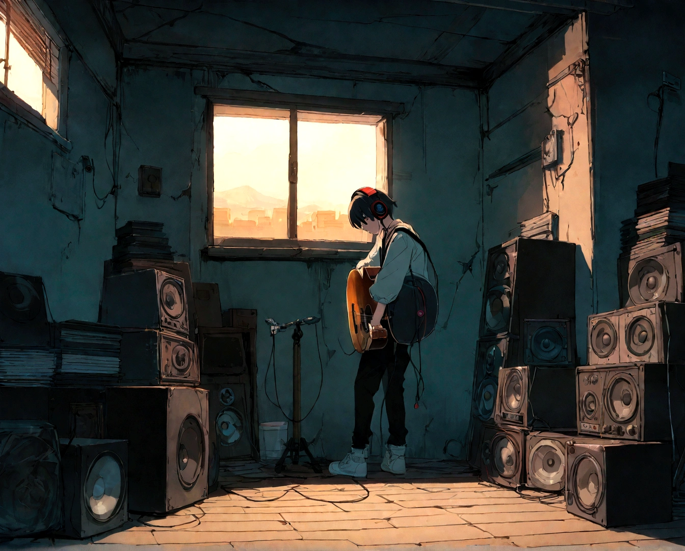 Boy wearing headphones and listening to music, Super detailed, evening, Sad mood, Bright light coming through the window, Night Scenery, , 2D, (Shot from a distance), Wide Shot, (Noise from the film), Old cartoons, (Many records: 1.3), Single room, (masterpiece, Very high quality, Very high quality, Official Art, beautifully、aesthetic: 1.2), (Very detailed, (Fractal Art: 1.4 ), guitar, (Note: 1.4), (Lo-fi hip hop), Side view, Old Anime Texture, alone, Speaker