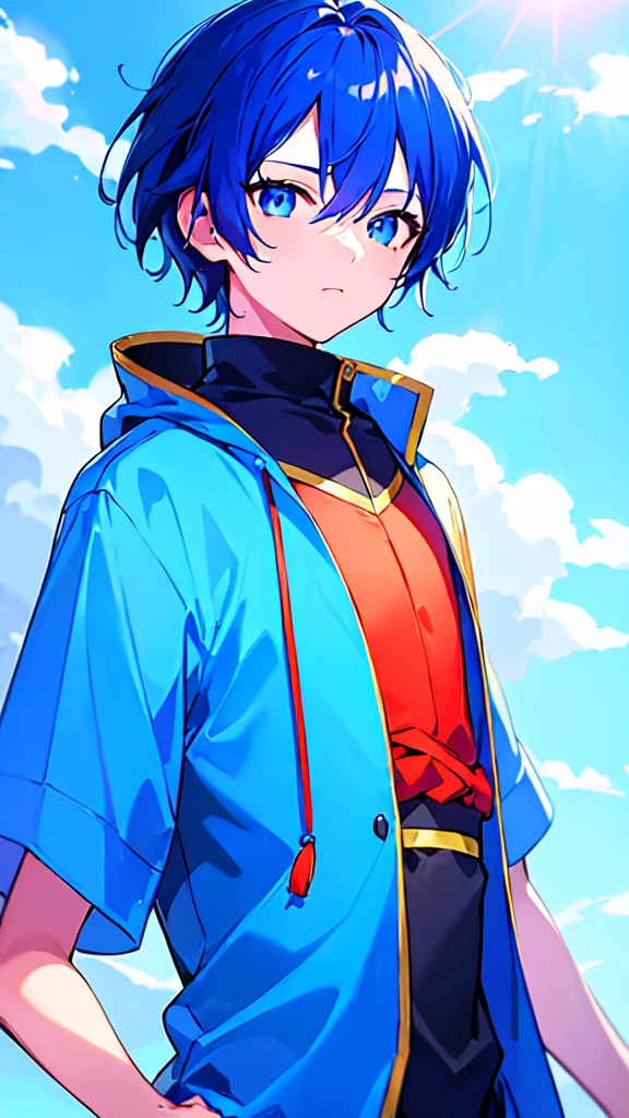 [(SKYBLUE BACKGROUND:1.5),::5], ((((masterpiece)))), high quality, ultra very high resolution, full color, (((solo))), ((little boy)), oriental deepBlue hair, (oriental deepblue eyes), anime, ((upper body)), Summer clothes, neon light, black parka, 