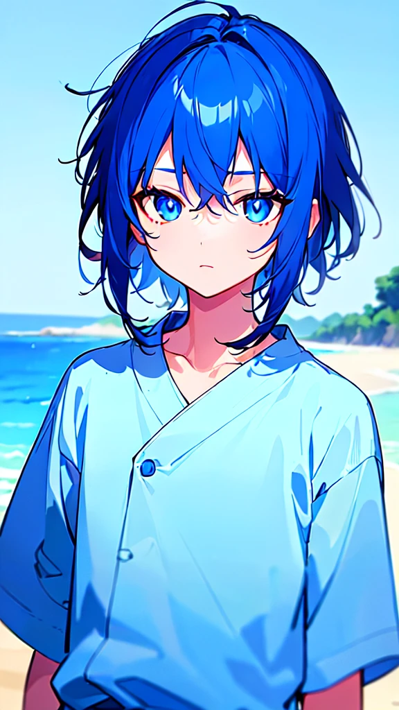 [(SKYBLUE BACKGROUND:1.5),::5], ((((masterpiece)))), high quality, ultra very high resolution, full color, (((solo))), ((little boy)), oriental deepBlue hair, (oriental deepblue eyes), anime, ((upper body)), Summer clothes, neon light, black parka, 