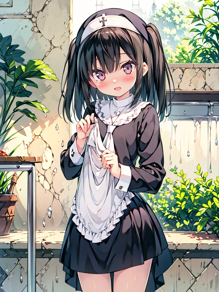 (illustration,masterpiece,highest quality,Ultra-high resolution,Highly detailed 8k wallpaper,Super detailed,Very condensed one girl,Delicate and beautiful features,Beautiful fine details,Beautiful lighting,anatomically correct),((long sleeve nun)),open mouth,View Viewer,cowboy shot,face and body straight at the camera,pigeon toed,Shyness,seductive smile,13 years old,slender,middle hair, little two side up,flat chest,shiny hair,Fair skin,Straight black hair,1 girl