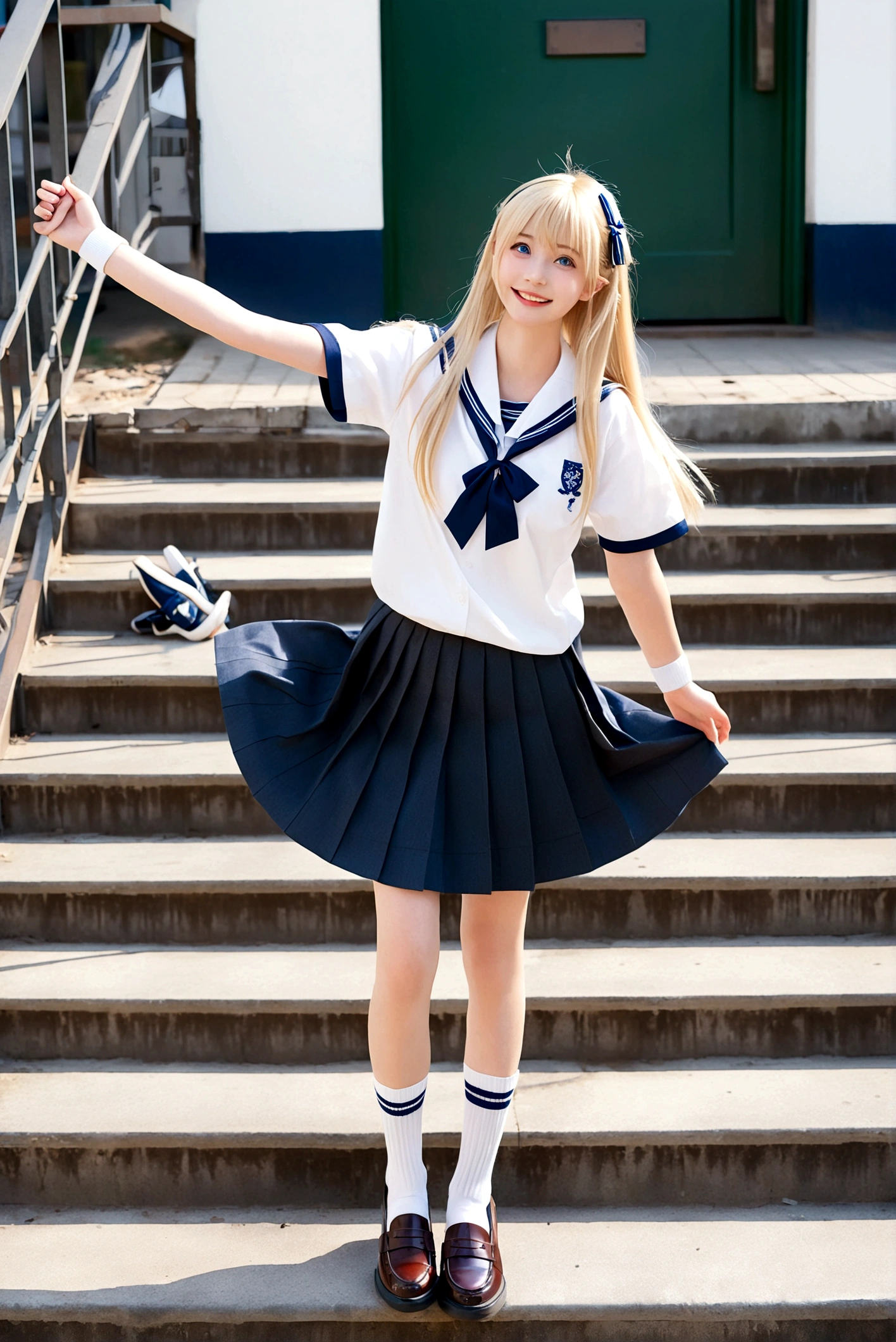 1girl, solo, long hair, looking at viewer, smile, open mouth, blue eyes, skirt, blonde hair, hair ornament, school uniform, full body, :d, pleated skirt, shoes, serafuku, socks, hairclip, outstretched arms, white socks, loafers, stairs, spread arms