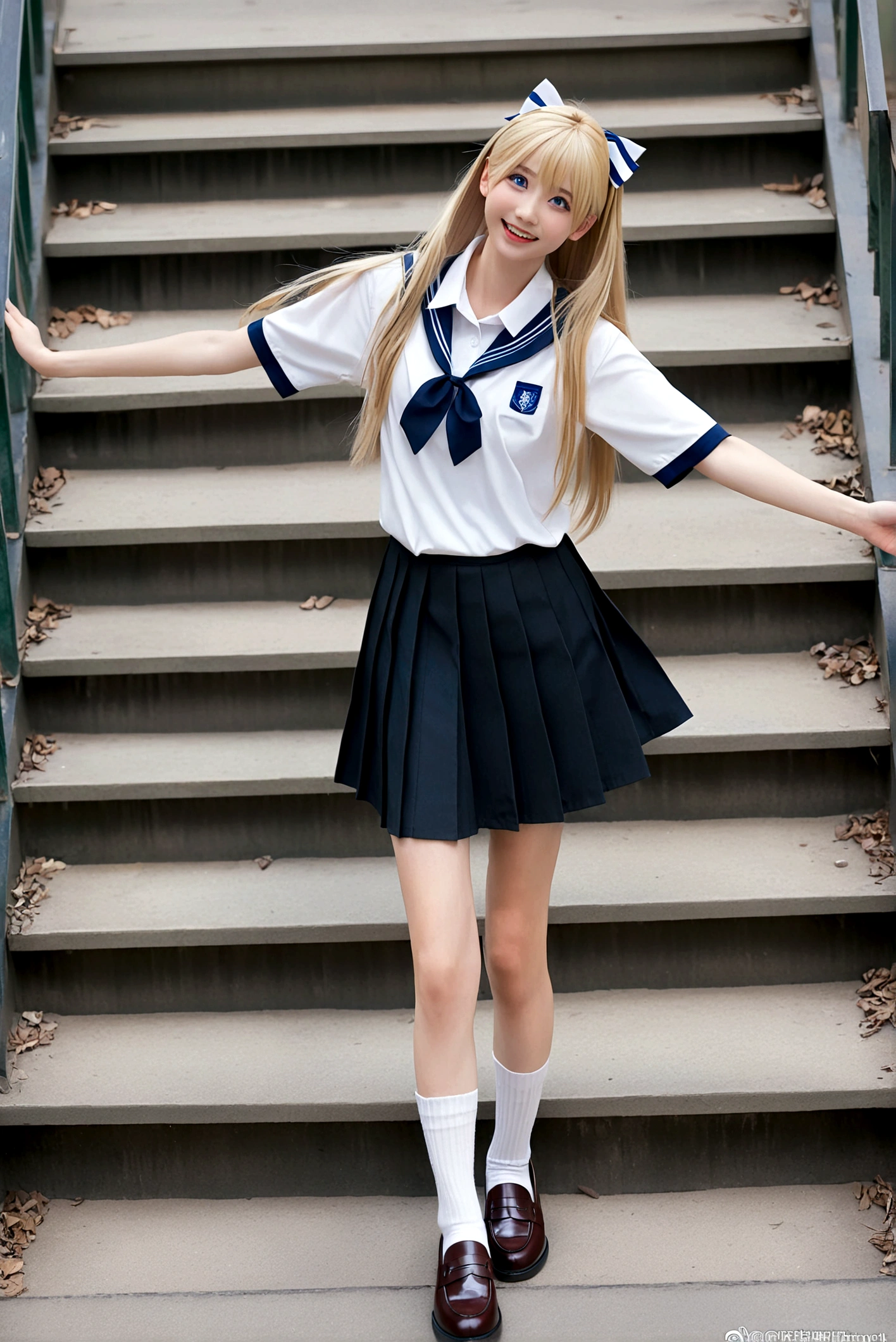 1girl, solo, long hair, looking at viewer, smile, open mouth, blue eyes, skirt, blonde hair, hair ornament, school uniform, full body, :d, pleated skirt, shoes, serafuku, socks, hairclip, outstretched arms, white socks, loafers, stairs, spread arms
