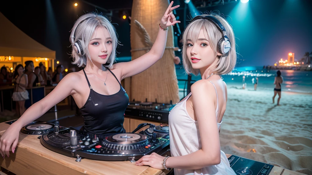 (ultra - detailed, 16K resolution, Cinema lenses, rendering by octane), (high resolution:1.18), intricate detail, (masterpiece:1.1), (highest quality:1.1), (1girl, portrait, white hair, blue eyes, short hair, detailed eyes),Wearing silver DJ headphones, Shiny silver sequined T-shirt, (in the beach:1.5), (Iconic hip-hop pop costumes:1.3), Smile while DJing on stage, DJ studio next to the beach, ((A stylish DJ stage on a hill overlooking the beach)), full body shot, Photorealistic photography by Sunshine, (cute round face:1.3), perfect fingers, five fingers, beautiful hands, perfect hands. master peace, cute smile.