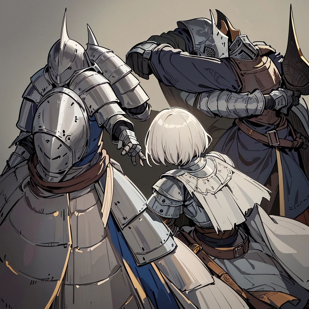 Best illustrations、Best Quality、((From the back)))、(whole body、detailed)、(Iron Mask、Iron Helmet、pocket)、(((Medieval Knight、Simple grey armor、male、5)))、(((Get Ready、Run)))、(Medieval Knightが10人)、Movement angle