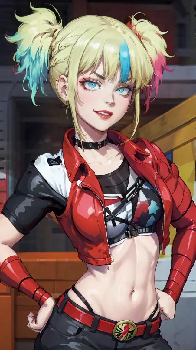 masterpiece, Best quality, A high resolution, 1 girl, hair braided in two short ponytails, very detailed eyes, Fine detail, Correct anatomy 1.1., Harley Quinn from Suicide Squad, open jacket with short sleeves shorts studded belt mesh belt chain gloves bracelet hand on hip, smile, woman, adult girl, real photos、smile, tmasterpiece, (pink kimono), seductive face, Ideal girl, perfect details, Ultra HD |, 8 k, professional photo, anime style,