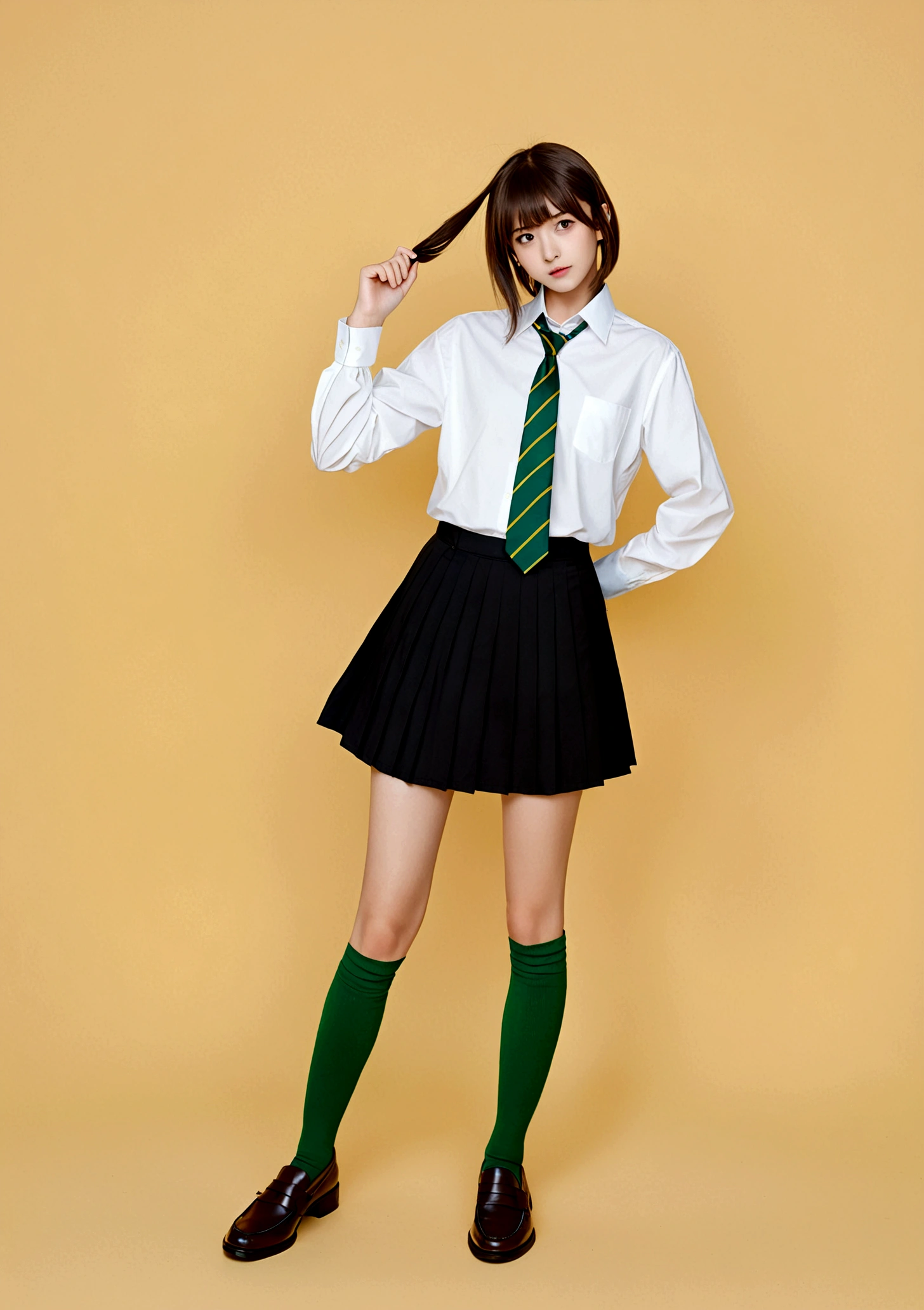 1girl, solo, looking at viewer, blush, short hair, bangs, skirt, simple background, brown hair, shirt, hair ornament, long sleeves, brown eyes, closed mouth, school uniform, standing, full body, white shirt, pleated skirt, necktie, shoes, socks, hairclip, striped, collared shirt, hand up, black skirt, black footwear, dress shirt, x hair ornament, loafers, yellow background, watch, wristwatch, striped necktie, green necktie, diagonal stripes, diagonal-striped necktie, green socks