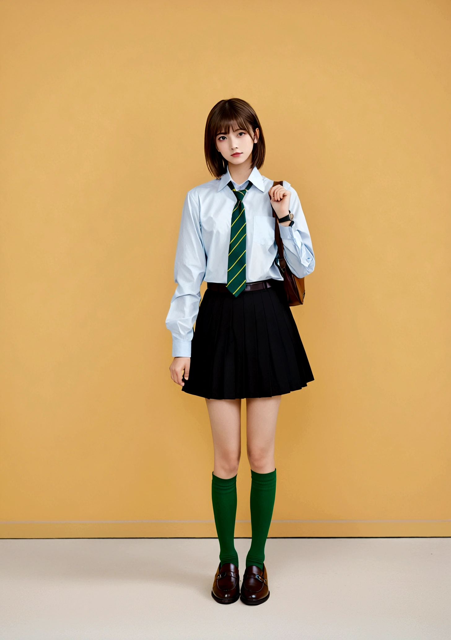 1girl, solo, looking at viewer, blush, short hair, bangs, skirt, simple background, brown hair, shirt, hair ornament, long sleeves, brown eyes, closed mouth, school uniform, standing, full body, white shirt, pleated skirt, necktie, shoes, socks, hairclip, striped, collared shirt, hand up, black skirt, black footwear, dress shirt, x hair ornament, loafers, yellow background, watch, wristwatch, striped necktie, green necktie, diagonal stripes, diagonal-striped necktie, green socks