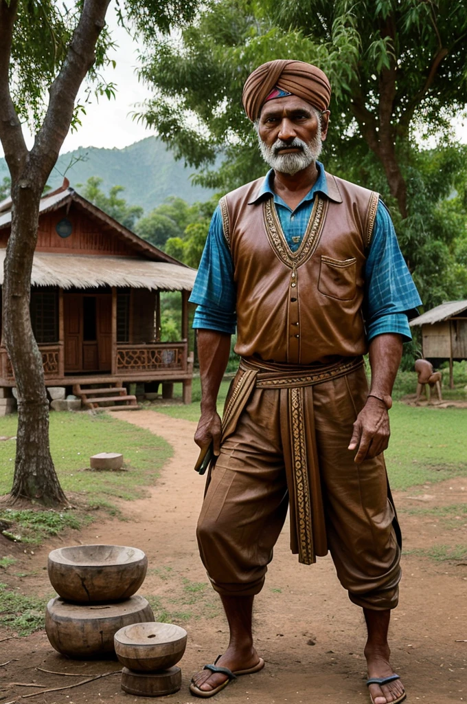 An Indian village scene with an elderly poor man meticulously carving a wooden statue of cricketer Mahendra Singh Dhoni. The elderly man, dressed in simple village attire, holds a piece of wood and carving tools. The statue of Dhoni is in a natural pose. The background features typical village houses, trees, and other rural elements, highlighting the man's perseverance and dedication."