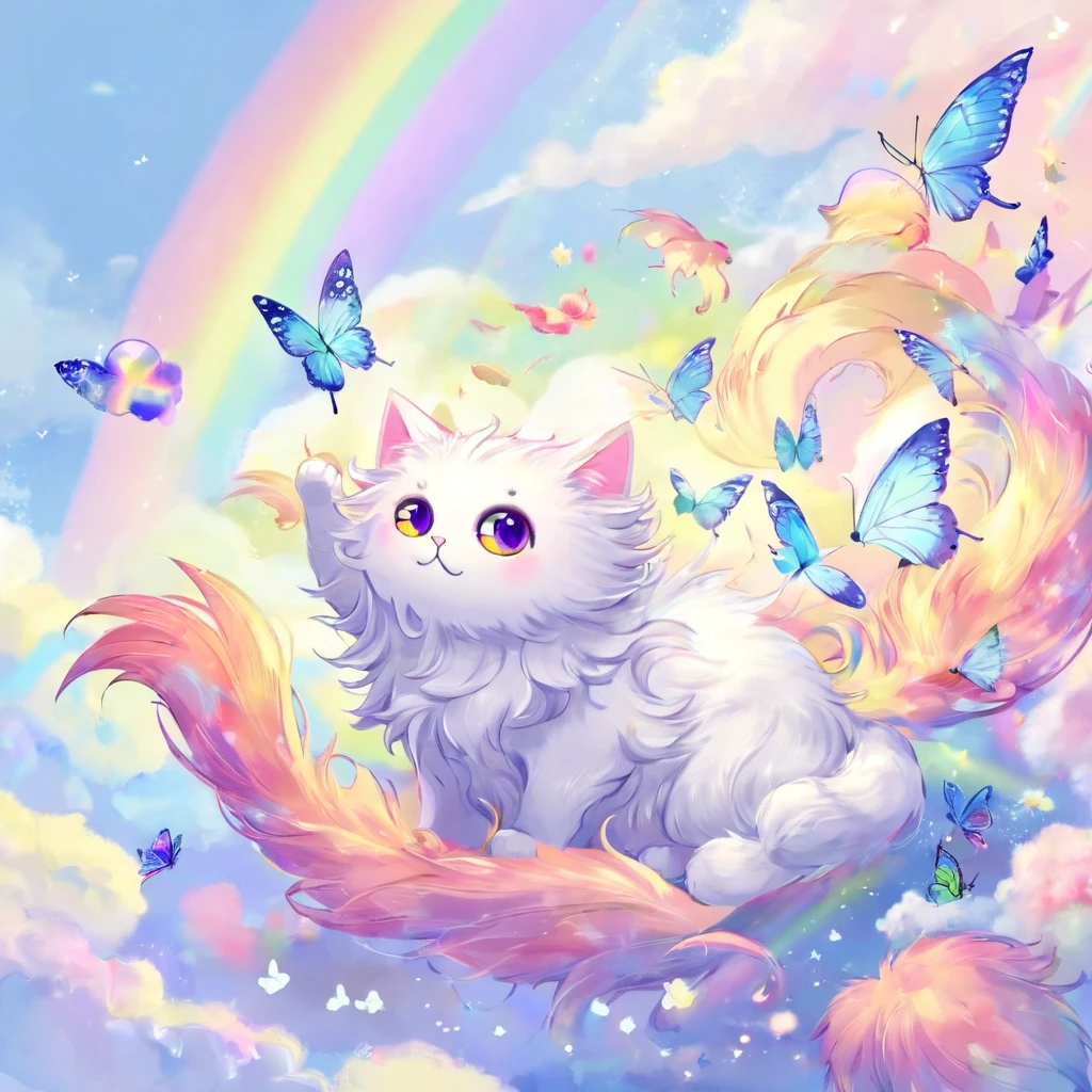Butterfly and cat fusion。Fluffy fur cat。fly in the sky。Rainbow colors。bright。Fairy。
