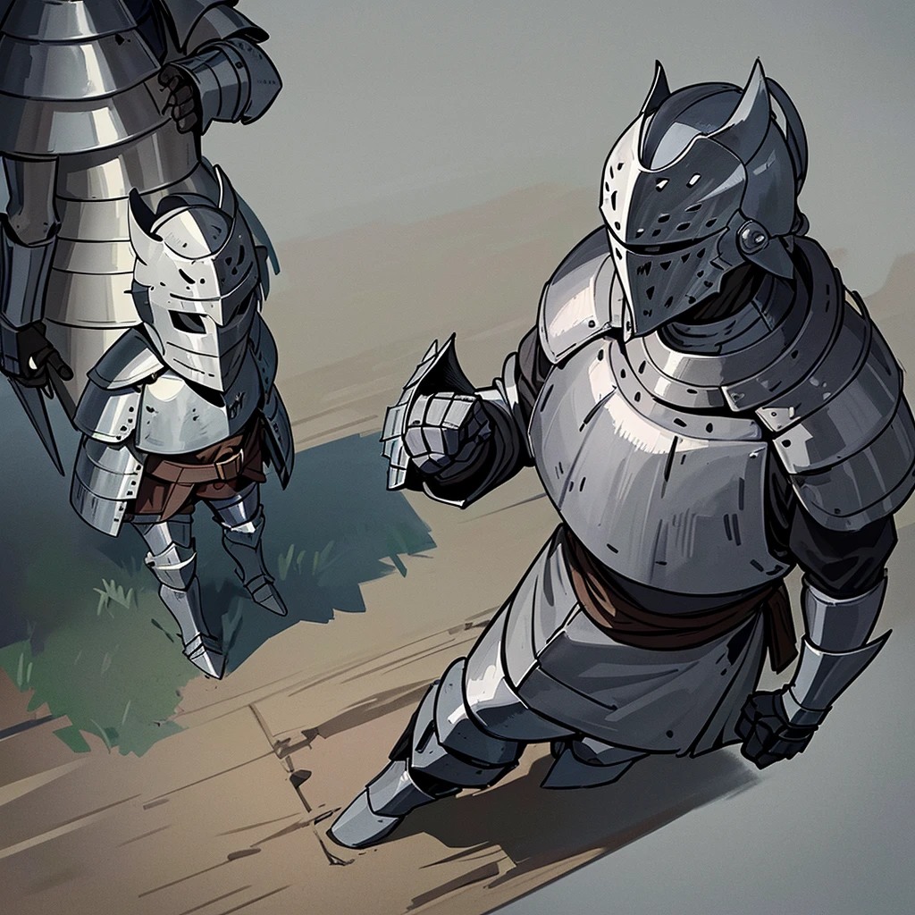 Best illustrations、Best Quality、((From above)))、(whole body、detailed)、(Iron Mask、Iron Helmet、pocket)、(((Medieval Knight、Simple grey armor、male、Age 25)))、(((Get Ready、Run)))、(Medieval Knightが10人)、Movement angle