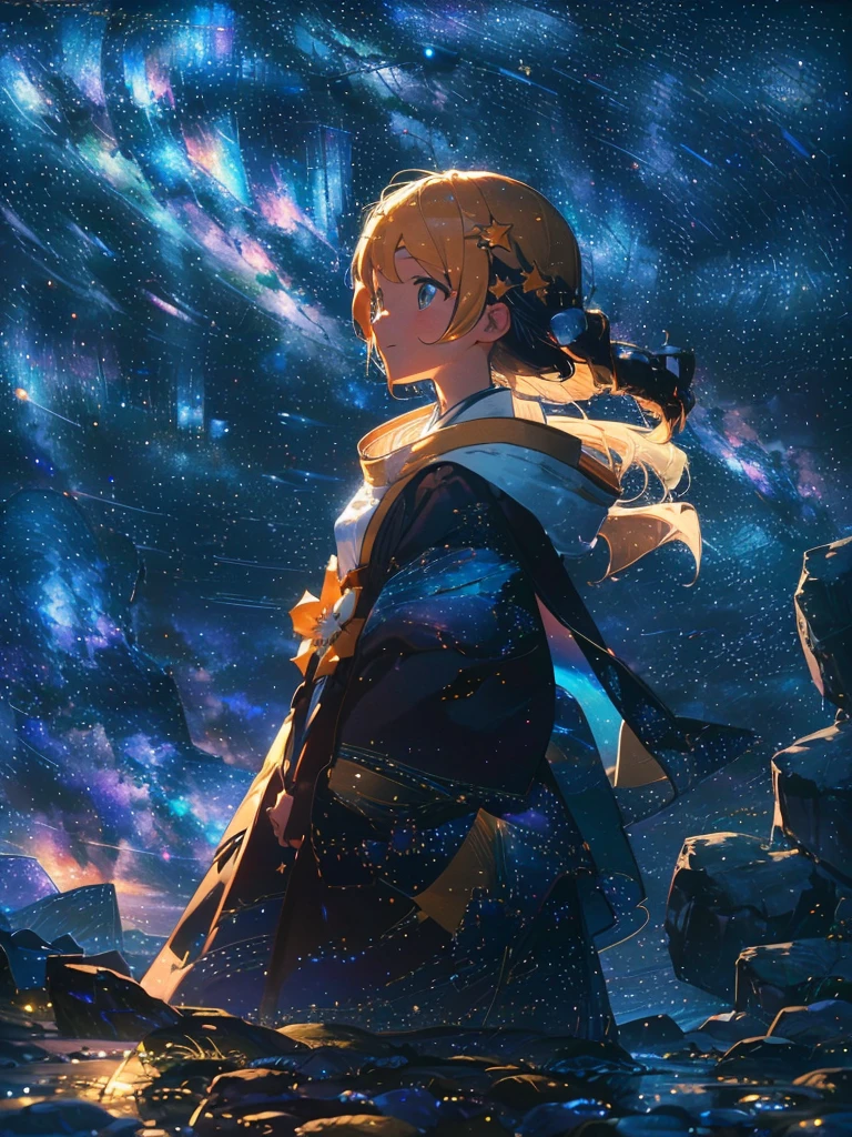 Masterpiece, Orihime (Hanfu,medium breasts,cutesmile,cuteHanfu,extreme beauty, cute),Hikoboshi(Hanfu,handsome, cool), Tanabata, background Milky Way, star-filled sky. shining stars, twinkling stars, summer triangle (Orihime star, Hikoboshi, star Choboshi) Bright stars, beautiful stars, starry sky, spectacular scenery} Orihime andHikoboshi face eachother and are happyto be reunited.Orihime and Hikoboshi are in the Milky Way