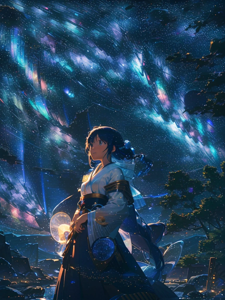 Masterpiece, Orihime (Hanfu,medium breasts,cutesmile,cuteHanfu,extreme beauty, cute),Hikoboshi(Hanfu,handsome, cool), Tanabata, background Milky Way, star-filled sky. shining stars, twinkling stars, summer triangle (Orihime star, Hikoboshi, star Choboshi) Bright stars, beautiful stars, starry sky, spectacular scenery} Orihime andHikoboshi face eachother and are happyto be reunited.Orihime and Hikoboshi are in the Milky Way