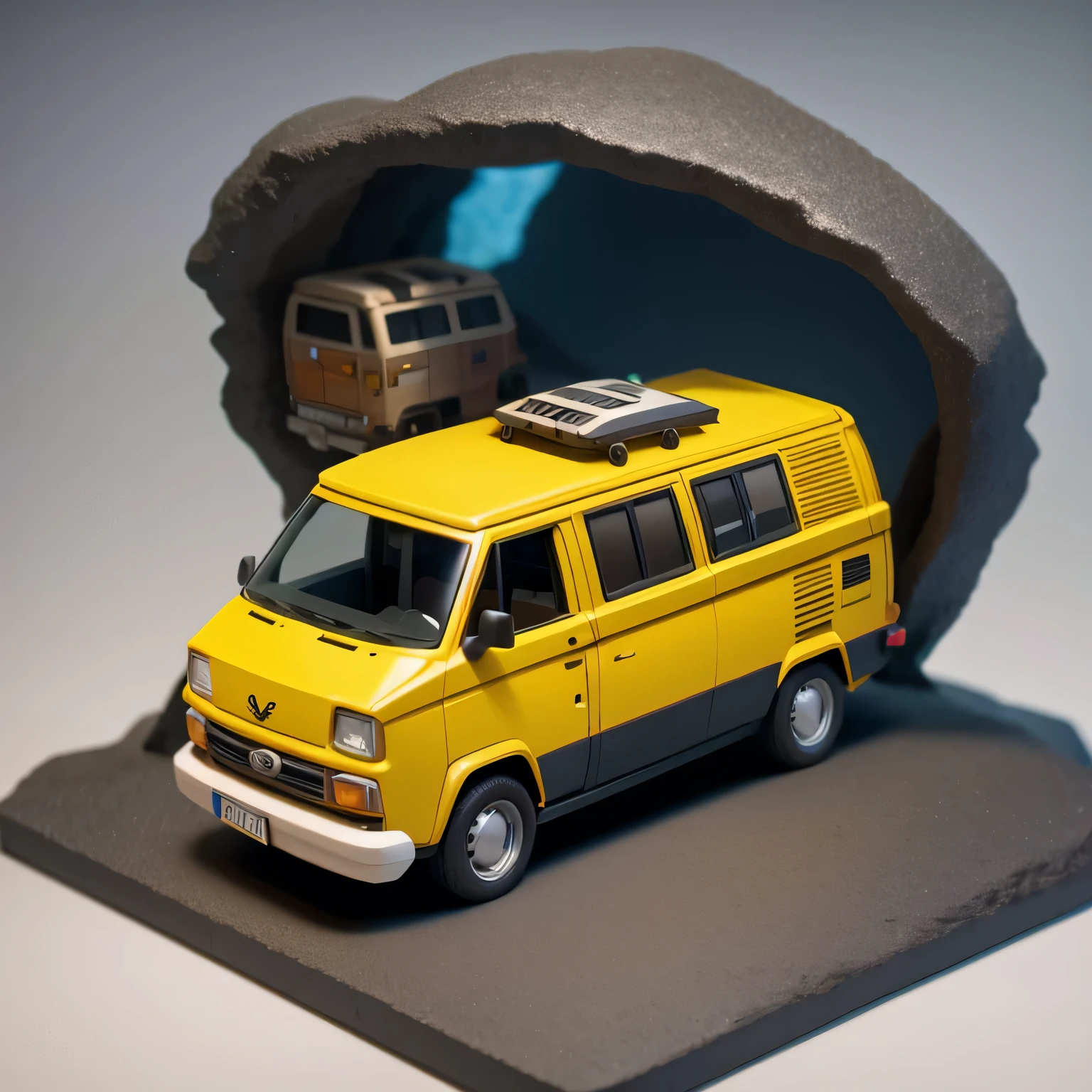 there is a small model of a camper van in a cave, stylized 3d render, 3d illustration, 3 d illustration, highly detailed diorama, 3 d low poly render, 3d low poly render, low poly 3 d, highly detailed sculpey diorama, lowpoly, low poly render, diorama model, low poly 3 d render, diorama