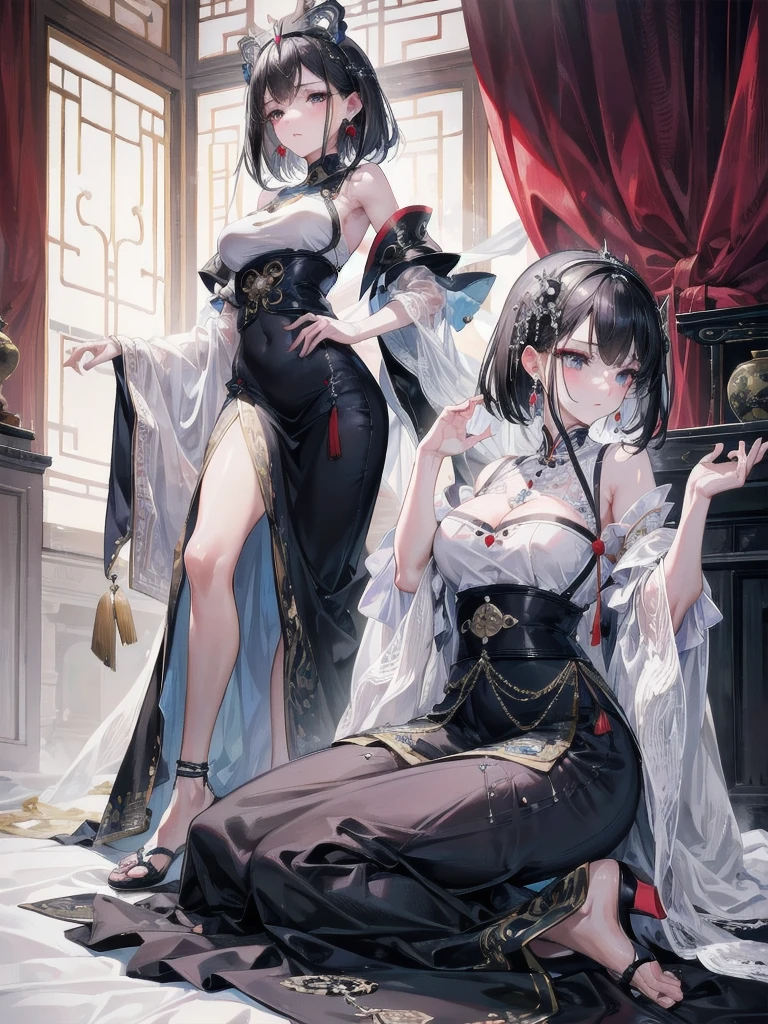 absurdres, RAW photo, extremely delicate and beautiful, masterpiece, Best Quality, ultra high resolution, 32k, hyperrealistic, ultra-detailed, delicate facial features, beautiful detailed woman, tearful mole, earring, medium breasts, (full body shot), medium hair, black hair, jiangshi, long skirt, 2 girls,