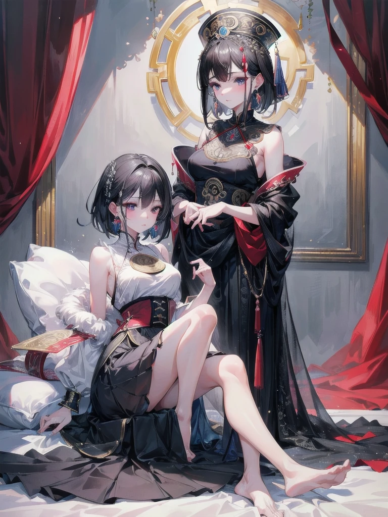 absurdres, RAW photo, extremely delicate and beautiful, masterpiece, Best Quality, ultra high resolution, 32k, hyperrealistic, ultra-detailed, delicate facial features, beautiful detailed woman, tearful mole, earring, medium breasts, (full body shot), medium hair, black hair, jiangshi, long skirt, 2 girls,