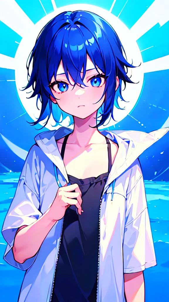 [(SKYBLUE BACKGROUND:1.5),::5], ((((masterpiece)))), high quality, ultra very high resolution, full color, (((solo))), ((little boy)), oriental deepBlue hair, (oriental deepblue eyes), anime, ((upper body)), Summer clothes, neon light, black parka, 