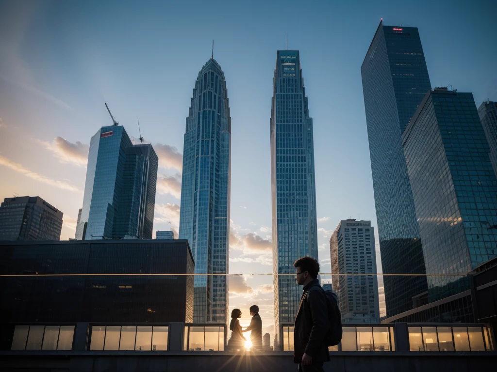 large buildings with silhouette of two people separating