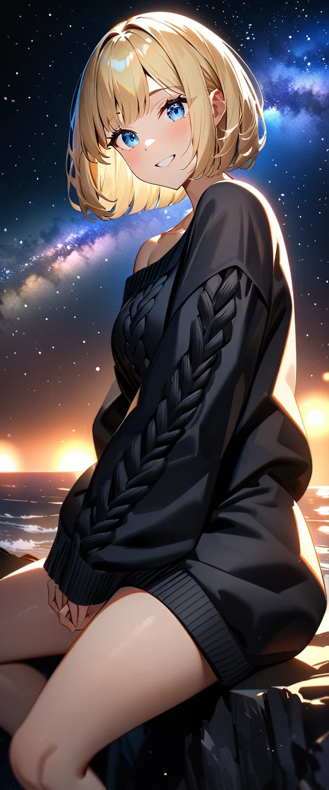 ((leaning forward)), (((a beautiful starry sky, the Milky Way shining beautifully in the night))), ((Aran sweater)), ((((from side)))), (((focus on face))), closeup shot, ((sitting on the very high cliff)), wavy hair, inward curled hair, sea, ((blond hair, bob cut:1.3)), breasts, teenager, (looking at viewer), oversized clothes, puffy long sleeves, ((off-shoulder sweater:1.3, Quite thick shoulder straps)), ((black sweater)), collarbone, head tilt:1.3, (((blue eyes))), happy smile, (((anime style))), (best quality, 4K, 8K, highres, masterpiece:1.2, ultra-detailed, ultra-detailed eyes, HDR, uhd, studio lighting, ultra-fine painting, sharp focus, physically-based rendering, extreme detail description, professional, vivid colors, bokeh)