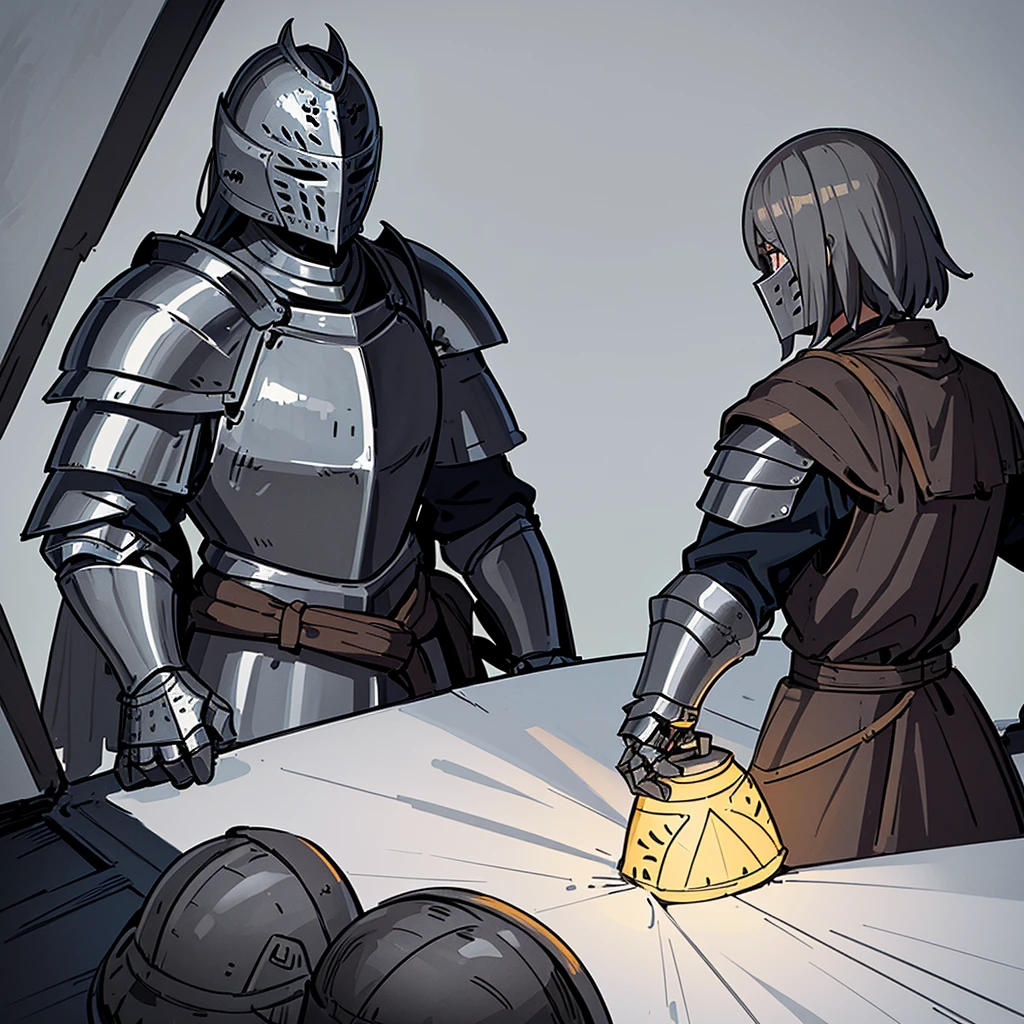 Best illustrations、Best Quality、((From the side)))、(whole body、detailed)、(Iron Mask、Iron Helmet、pocket)、(((Medieval Knight、Simple grey armor、male、Age 25)))、(((Get Ready)))、(Medieval Knightが10人)