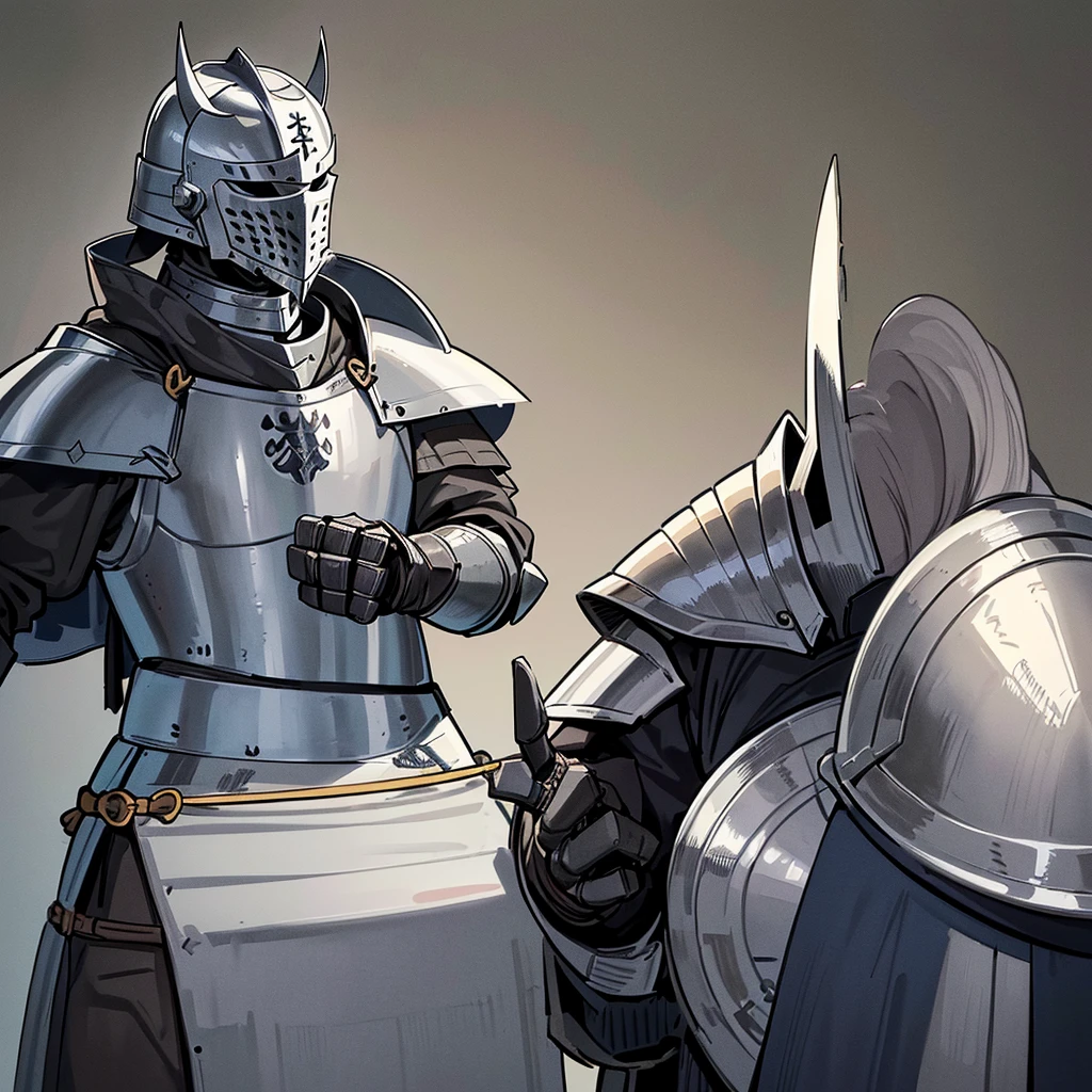 Best illustrations、Best Quality、((From the side)))、(whole body、detailed)、(Iron Mask、Iron Helmet、pocket)、(((Medieval Knight、Simple grey armor、male、Age 25)))、(((Get Ready)))、(Medieval Knightが10人)