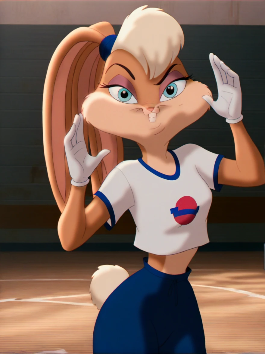 lolabunny, 1girl, solo, furry female, rabbit ears, rabbit girl, animal nose, shirt, blue eyes, body fur, standing, tail sleeves,black pants, buck teeth,cowboy shot,Funny pose,looking at viewer, Movie Studio, score_9, score_8_up, score_7_up, score_6_up, score_5_up, score_4_up   