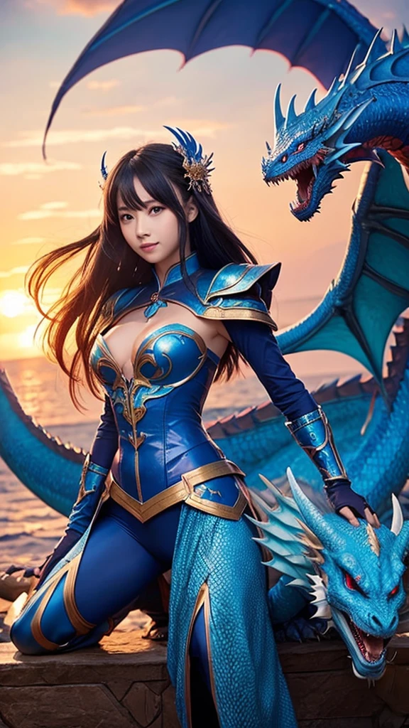 Beautiful girl, blue dragon, victory, dragons