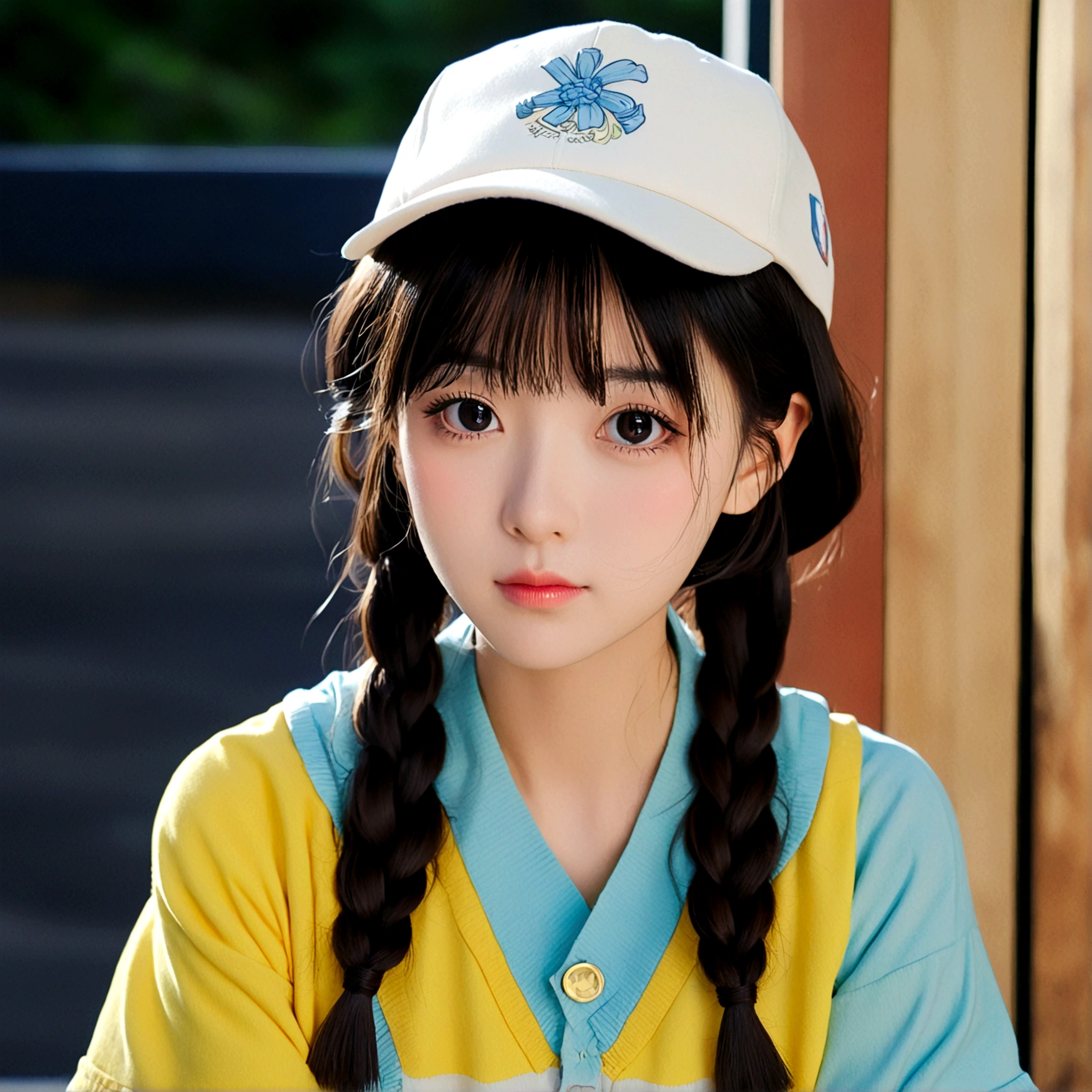 1girl, solo, long hair, bangs, shirt, black hair, hat, upper body, braid, short sleeves, blunt bangs, black eyes, letterboxed, anime coloring