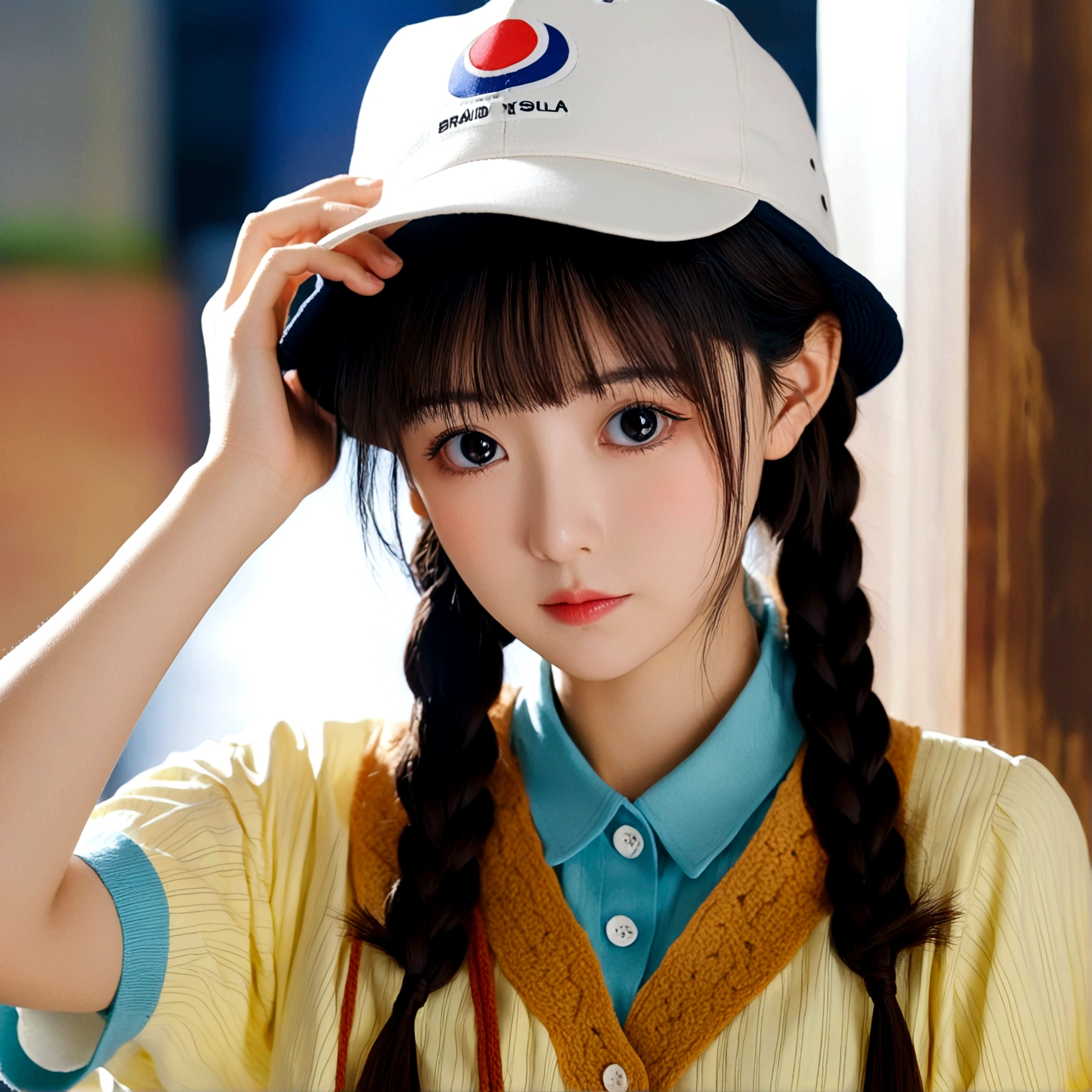 1girl, solo, long hair, bangs, shirt, black hair, hat, upper body, braid, short sleeves, blunt bangs, black eyes, letterboxed, anime coloring