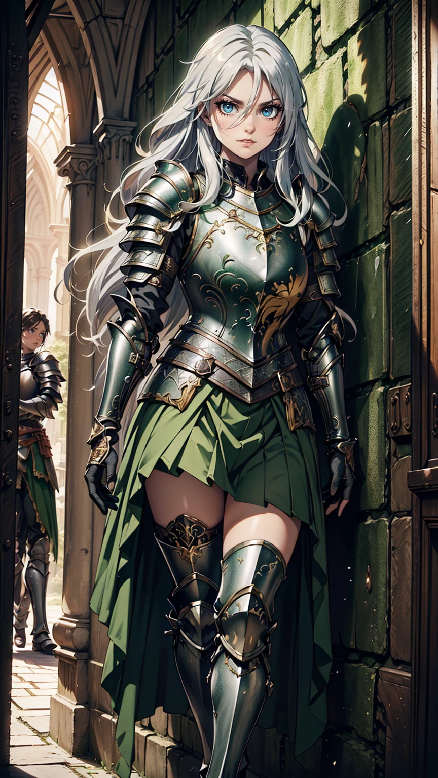 最high quality、Ultra High Definition, Ultra High Quality, Hyper Definition, Hyper Quality, Hyper Detailed, Extremely Detailed, Perfectly Detailed, Best image quality、masterpiece、anime woman((20-year-old、super dynamic pose , Green solid eyes, Silver long Hair、Disheveled Hair、Long White Hair,  Glove、Green Skirt, Noble Armor, Smirk, cheerful expression, Detailed Cuirass , Dressed in Full Coverage Noble Plate Armor, leg armor)),high quality、Beautiful art、background((Inside the mansion))、Written boundary depth、  movie、Visual Arts、Perfect art、8K,Genuine、