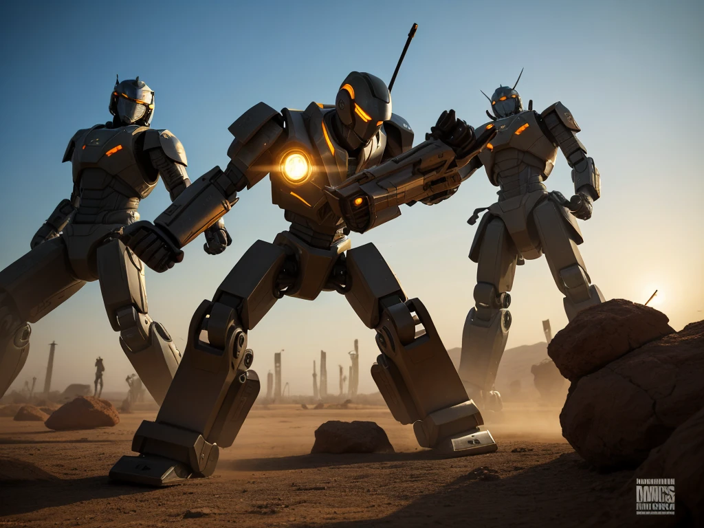 A futuristic battle scene: A squadron of sleek, high-tech infantry, clad in advanced armor and wielding cutting-edge weaponry, converges on a massive robot, its metallic body cracked and smoldering from previous attacks. The ground shakes as the soldiers deploy their unique abilities to disable the beast's defenses, while spotlights cast an eerie glow on the dusty terrain.