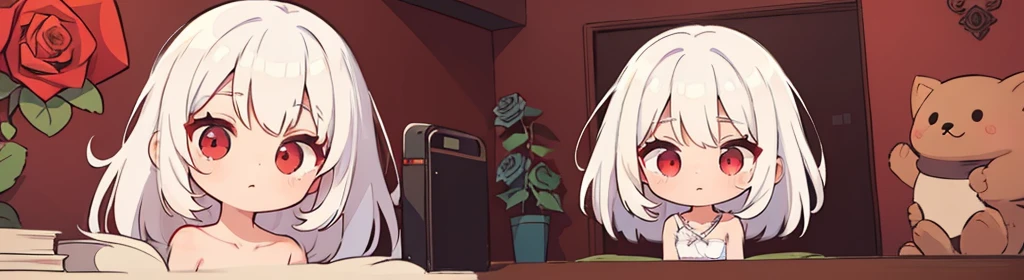 ((((1girl:1.5)))), white hair, red eyes, long hair, (collarbone:1.4), (2d, chibi, cute, cute, small , big eyes), ((((rose)))), skin color white, think about something, background/(in the room ,modern girl&#39;s room, bed, Soft mood lighting)